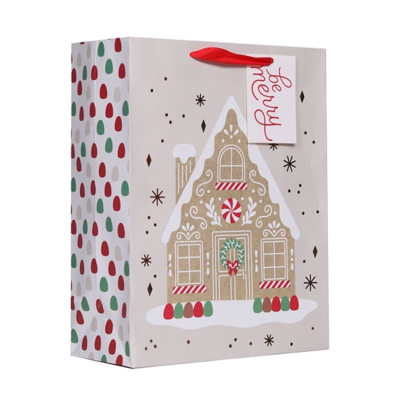 Green Base Ribbon Large Red/Green/White Merry Ribbon and Bells Christmas Paper Gift Bag ...