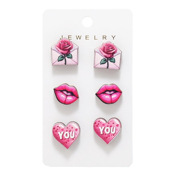 Eoozwa 6 Piece Wooden Stud Earrings Set Heart Rose Designs Lightweight Valentines Day Gift for Women Multicolor Assorted Jewelry
