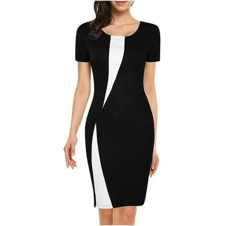 YWDJ Womens Dresses Midi Length Plus Size Fashion Crewneck Short Sleeve Stretch Slim Bag Hip Pencil Skirt Mini Length Dress Spring Summer Dresses for Women 2023BlackXXXL