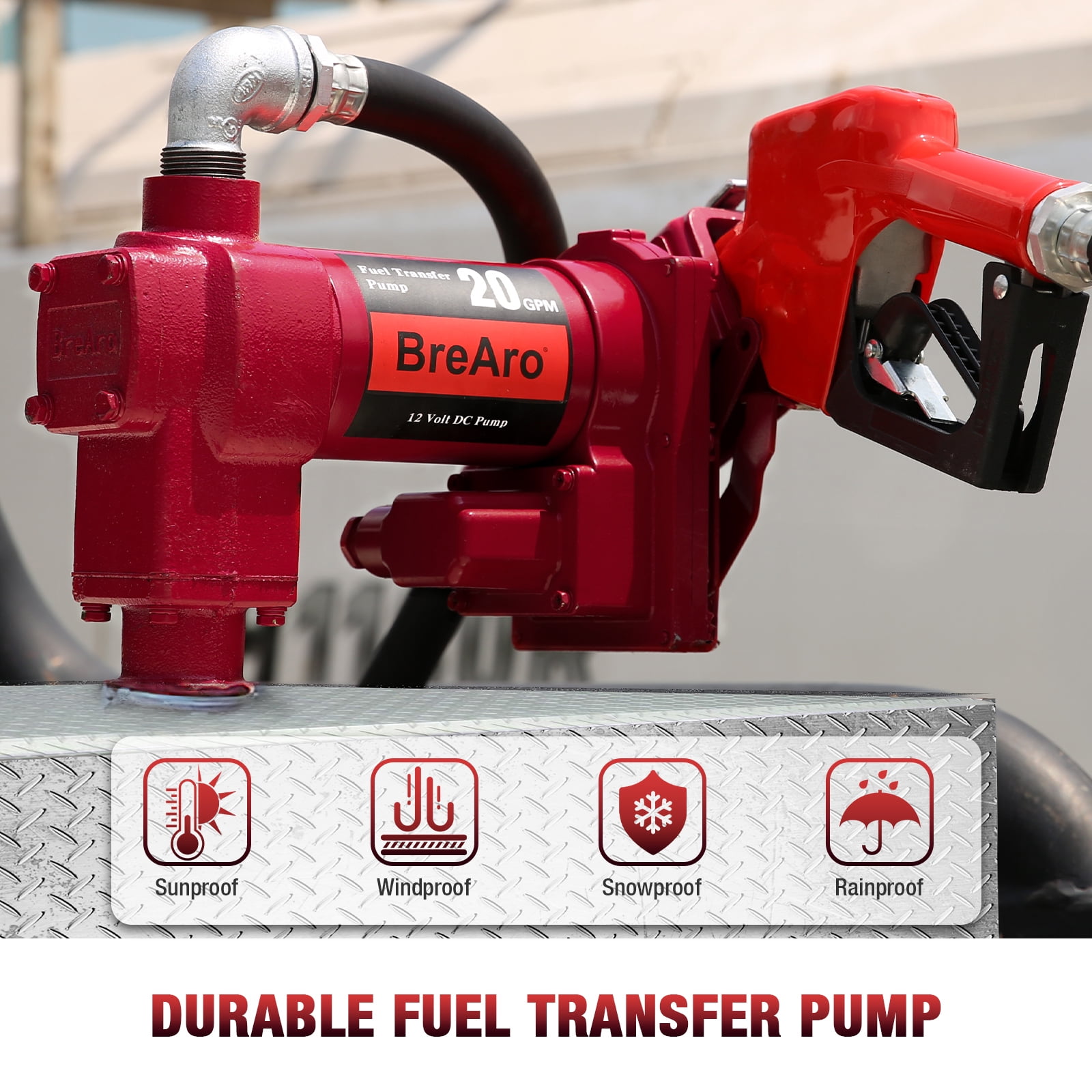Fuel Transfer Pump 12V 20 GPM with Auto Off Nozzle, Cast Iron Heavy Duty Pump for Gas, Diesel, Kerosene, Biodiesel, Red
