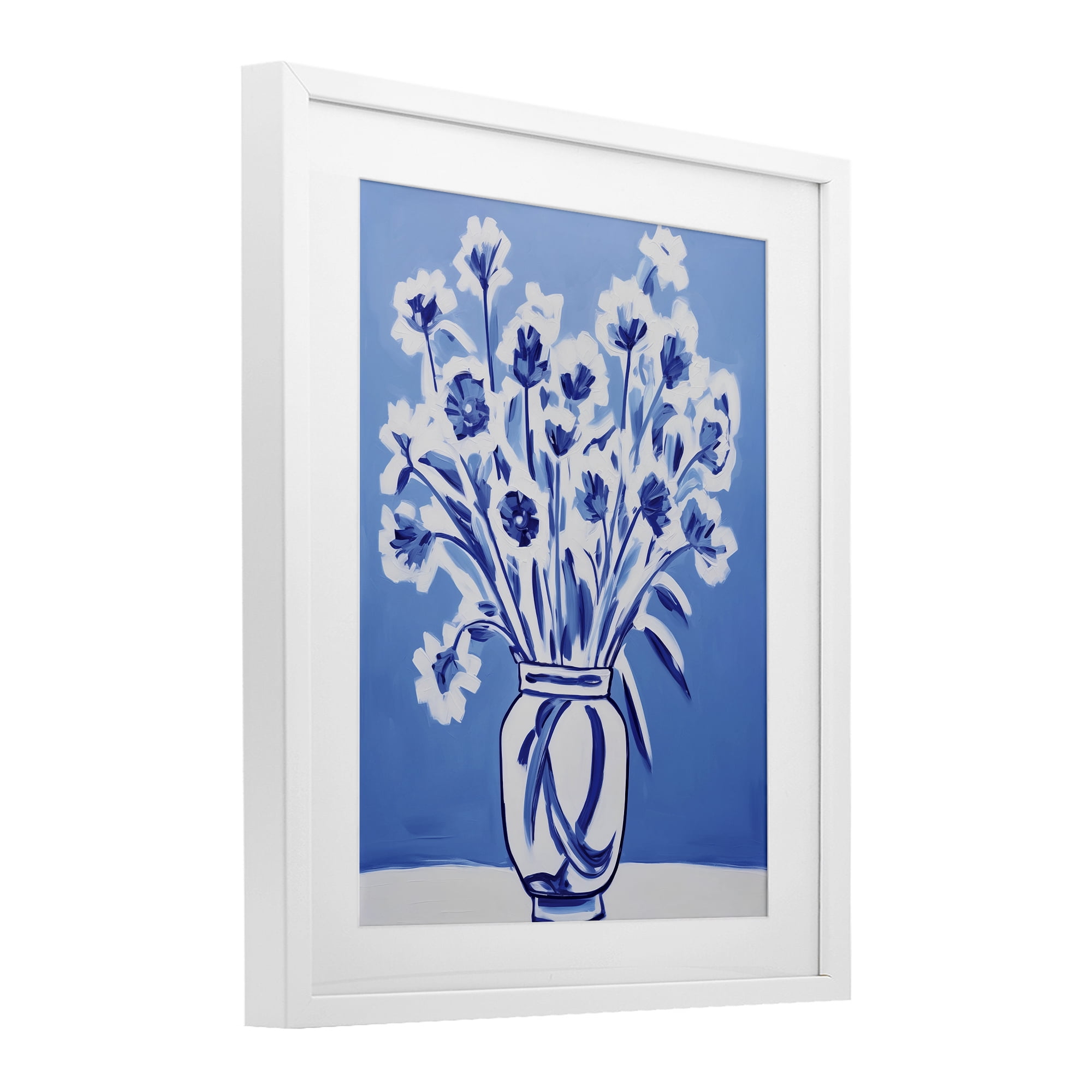 Blue & White Contrast Flowers White Framed Print Under Glass, design by Lettered and Lined