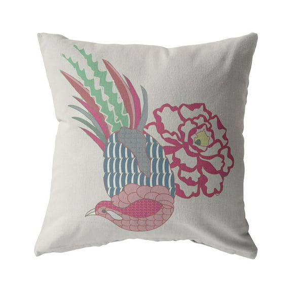 Hiding Peacock Indoor/Outdoor Fabric Pillow with Zip in Pink on White18x18