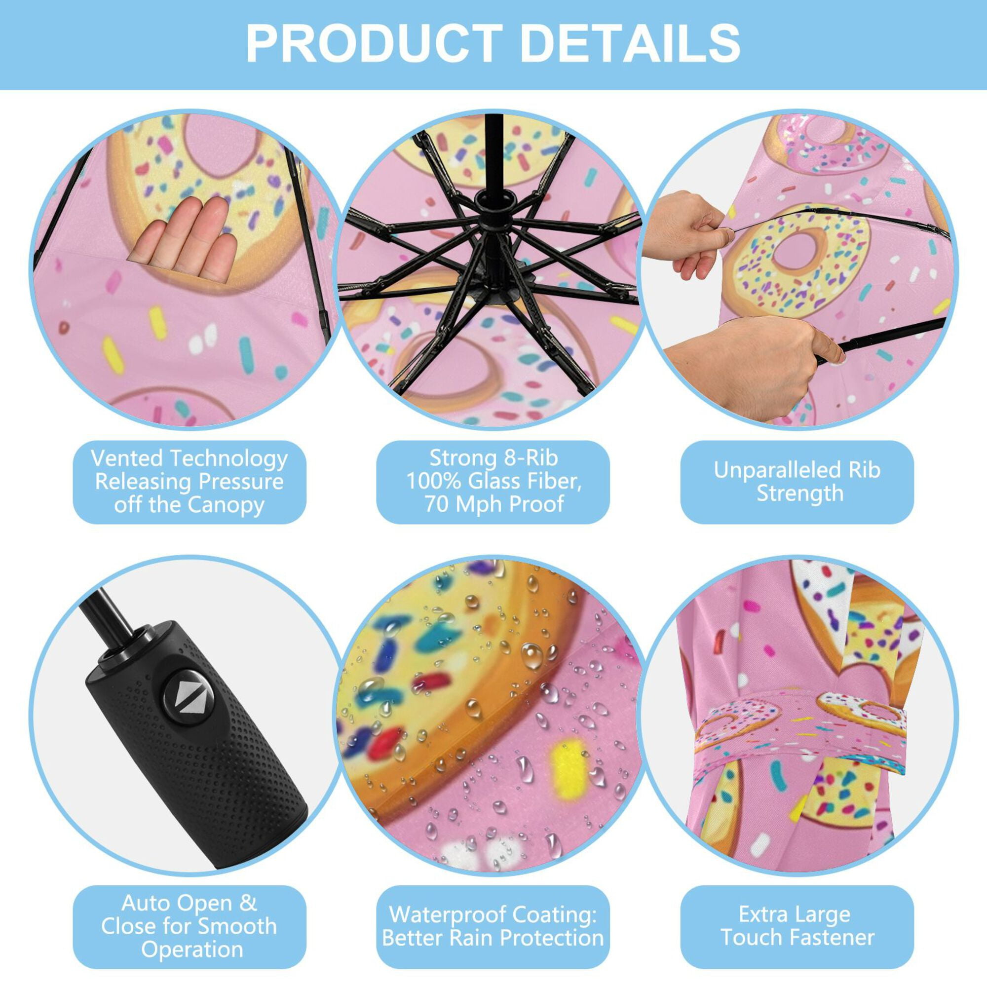 21" Inch Auto Open Close Folding Umbrella Windproof Waterproof Full Print 8-Rib Compact Travel Umbrella for Rainy Days Multicolor Sprinkled Donuts