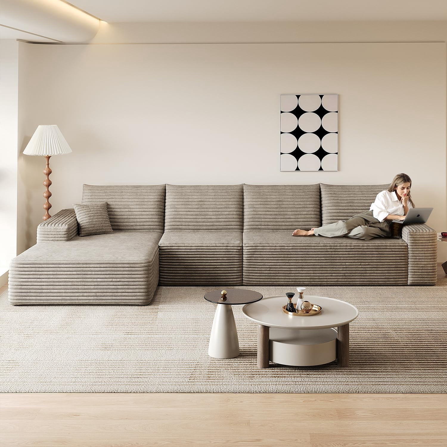 Sailvan 135" Cloud Sectional Couch, Cloudy Sofa with L-Shape Chaise, Upholstered Couches for Living Room & Bedroom, No Assembly Required, Plush Corduroy Fabric, Camel