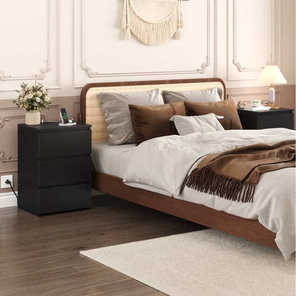 Homfa Ensemble de 2 Tables de Nuit à 3 Tiroirs avec Station de Recharge, Table d'Appoint Moderne, Armoire de Rangement en Bois pour Chambre et Salon, Noir