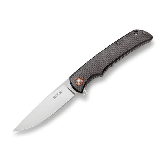 Couteau Buck 259 Haxby, lame à pointe tombante en acier, manche en fibre de carbone avec collier pivotant rouge, ouverture à roulement à billes, Liner Lock, clip de poche en acier inoxydable – 0259CFS