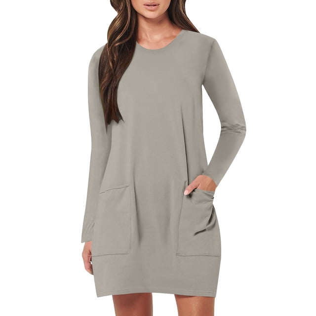 Robe Grande Taille pour Femmes 2025 Automne Été Tendance Décontractée Ample à Manches Longues à Col Rond Longueur Genou avec Poches