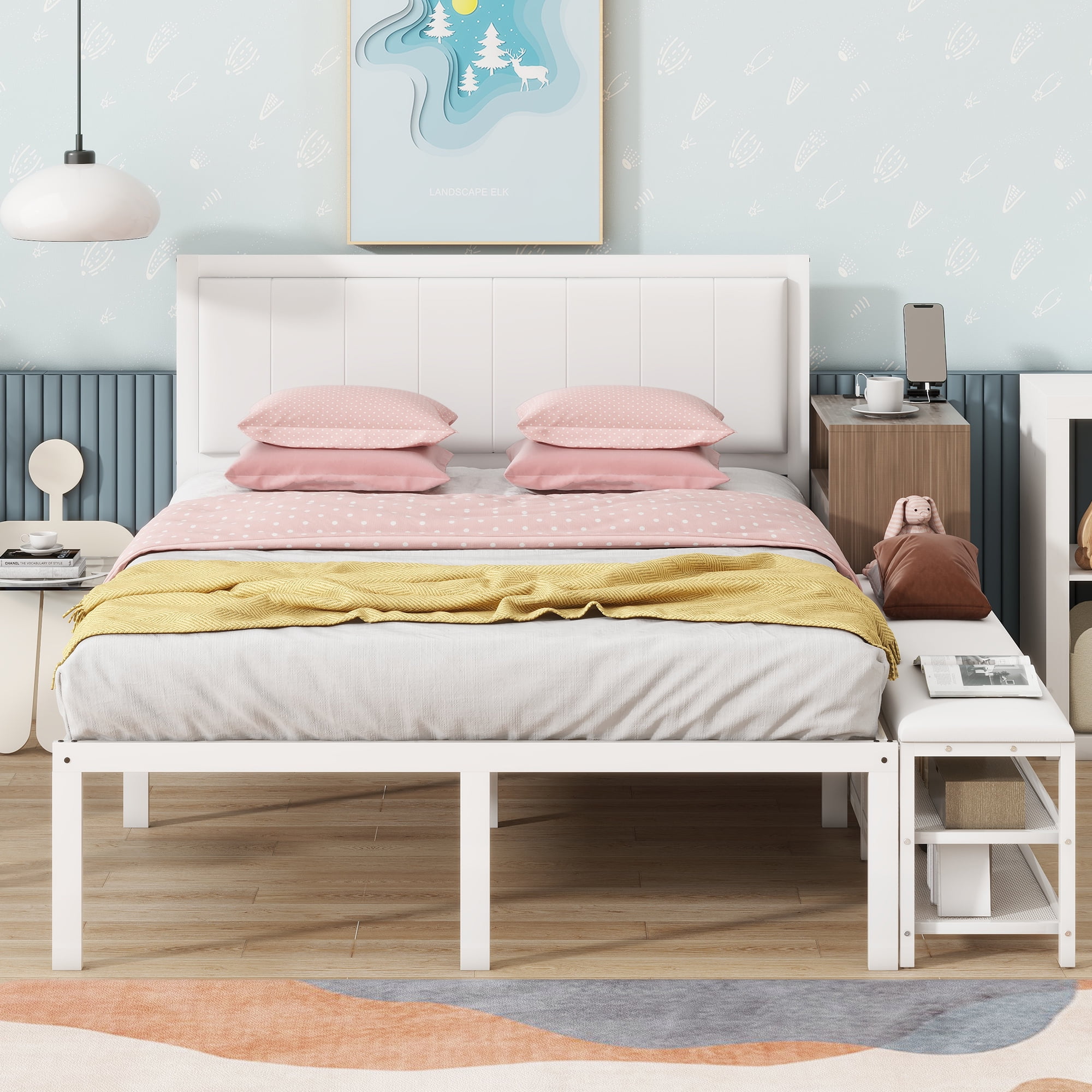 Euroco Metal Full Size Platform Bed with Two-Tier Storage Shelves, Wooden Storage Cabinet for Kids Teens, White