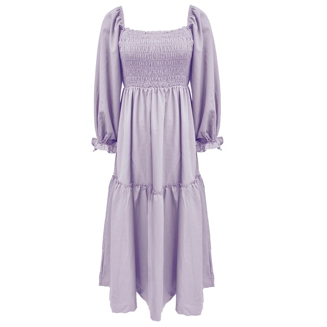Gupgi Robe Longue Bohème Femme Col Carré Uni Robe à Volants Manches Longues Ample Robes de Vacances