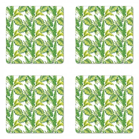 

Jungle Coaster Set of 4 Bamboo Palm Plants Jungle Colored Exotic Leaf Foliage Tropical Forest Theme Square Hardboard Gloss Coasters Standard Size Lime and Fern Green by Ambesonne