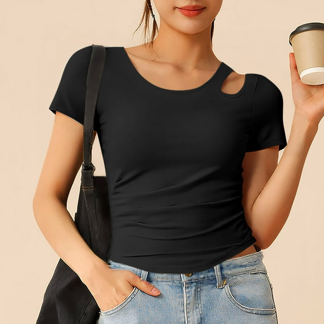 mfyjkho Tops Para Mujer, Camiseta De Yoga Con Cuello Redondo Y Pliegues Para Mujer, Manga Corta, Sujetador De Uso Libre, Camiseta Deportiva De Fitness Para Mujer Tops De Tallas Grandes S