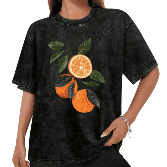 Women Casual Orange Citrus Graphic Tees Cotton Crew Neck Printed T Shirt Tops Mineral Wash Black S-2XL Plus Size