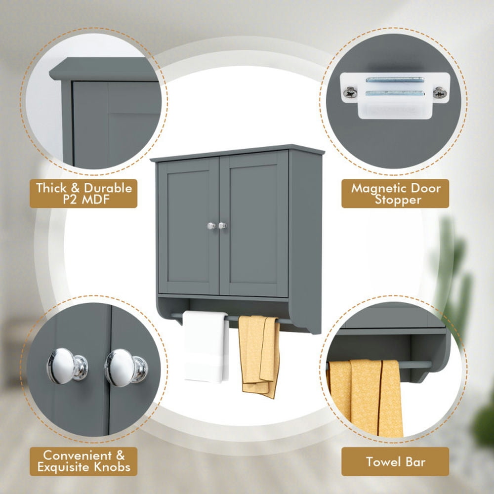 Finihen Wall Cabinet, Wall Mounted Bathroom Cabinet, Medicine Cabinet, Wall Mounted Bathroom Storage Medicine Cabinet with Towel Bar, for Kitchen Entryway Bathroom, Gray