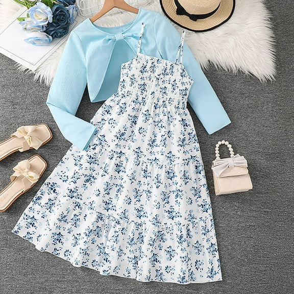 Placlothes Girls' 2-Piece Blue Floral Dress & Cardigan Set - Soft Polyester, Smocked Bodice & Tiered Skirt, Casual/Birthday/School Outfits for 8-13Y,Size 10-11T