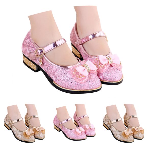 Dakaela 5-10Y Girls Dress Shoes Glitter Princess Mary Jane Bow Low Heels Party Wedding Prom Footwear for Toddler Kids Gold