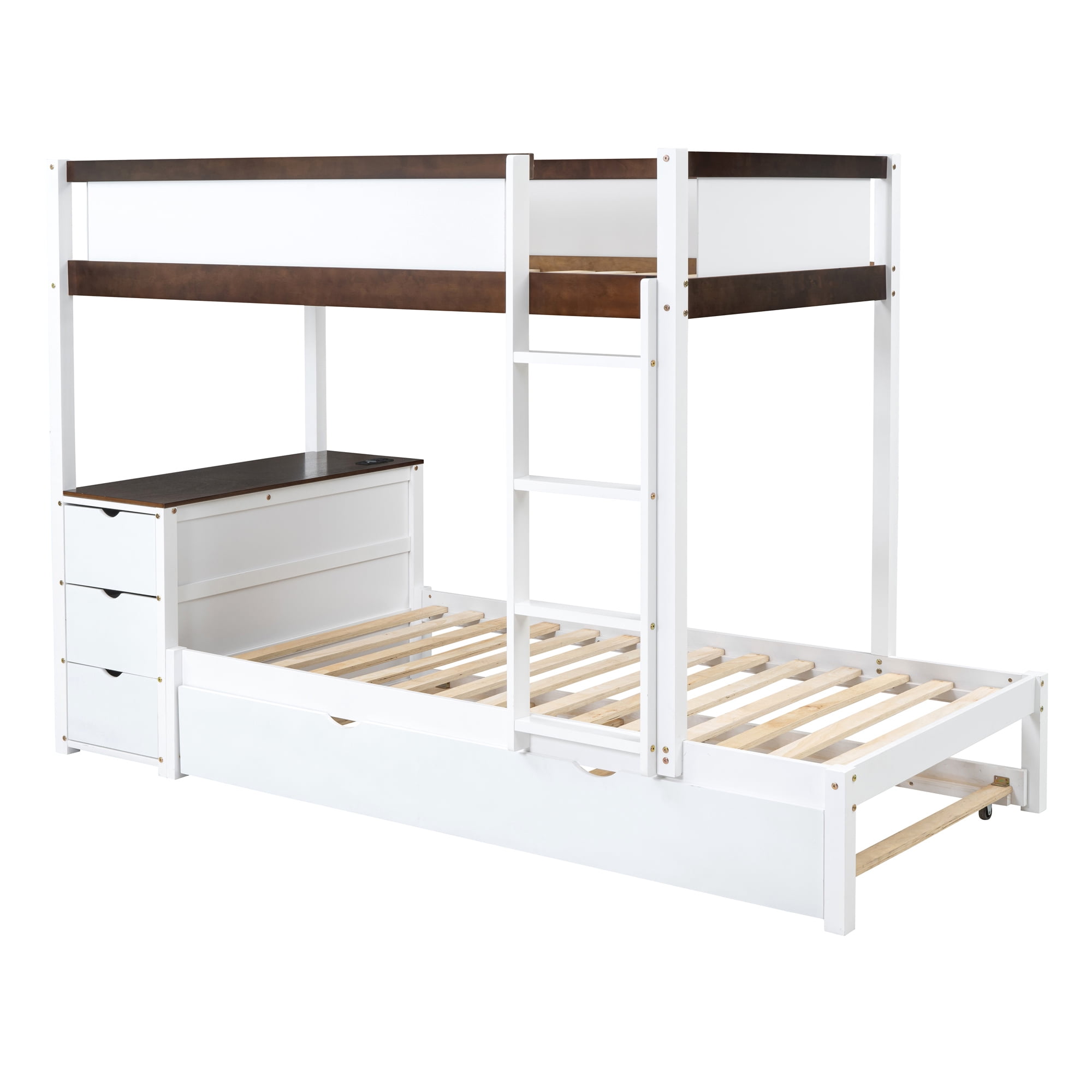 Twin over Twin Bunk Bed with Twin Size Trundle, 3 Storage Drawers and Desk, Solid Wood Kids Bunk Bed Frame with Ladder for Kids Teens Adults