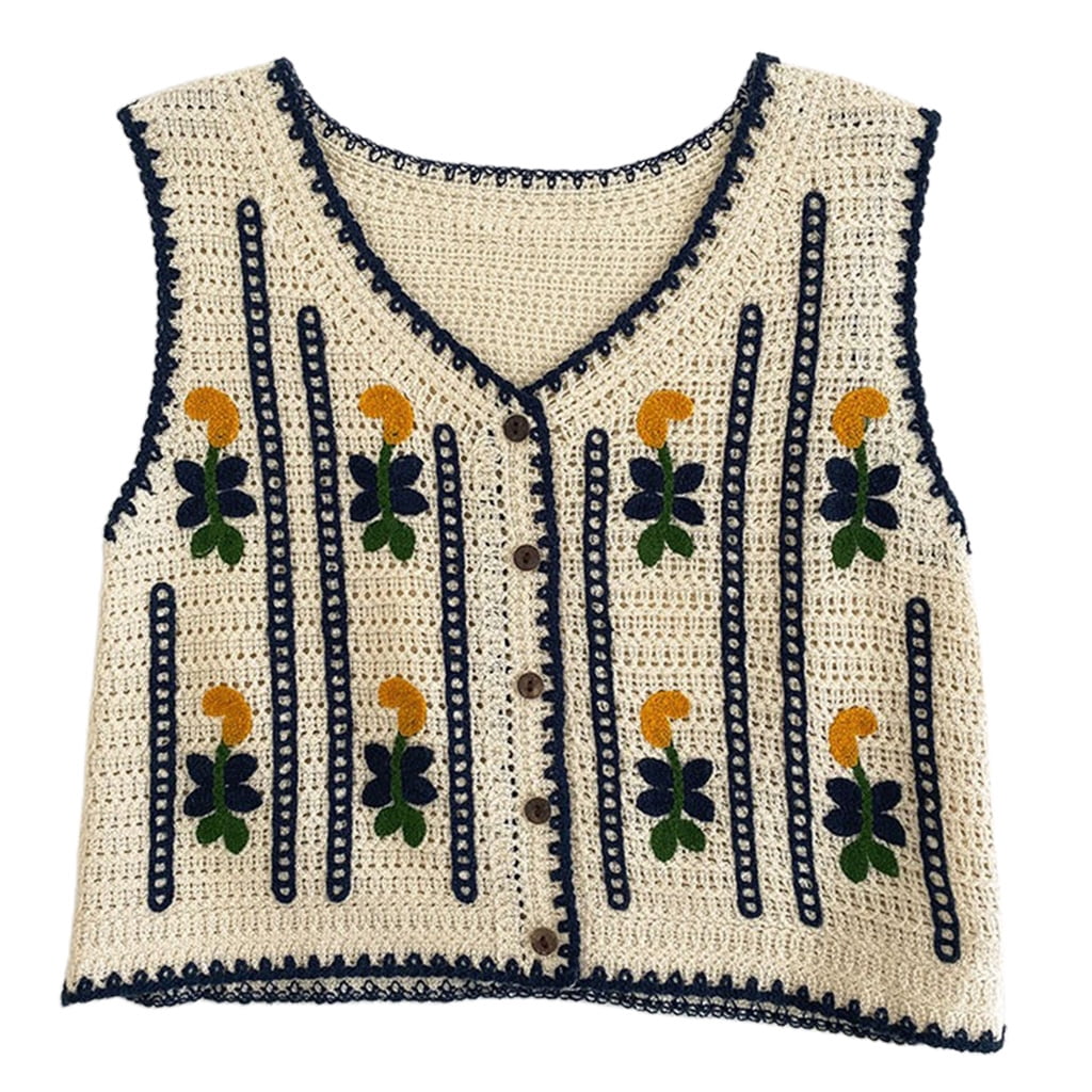 Floral Motif Hand Knitted Vest　美品　希少 Boho Women Crochet Knit Vest Waistcoat Vintage Colorful