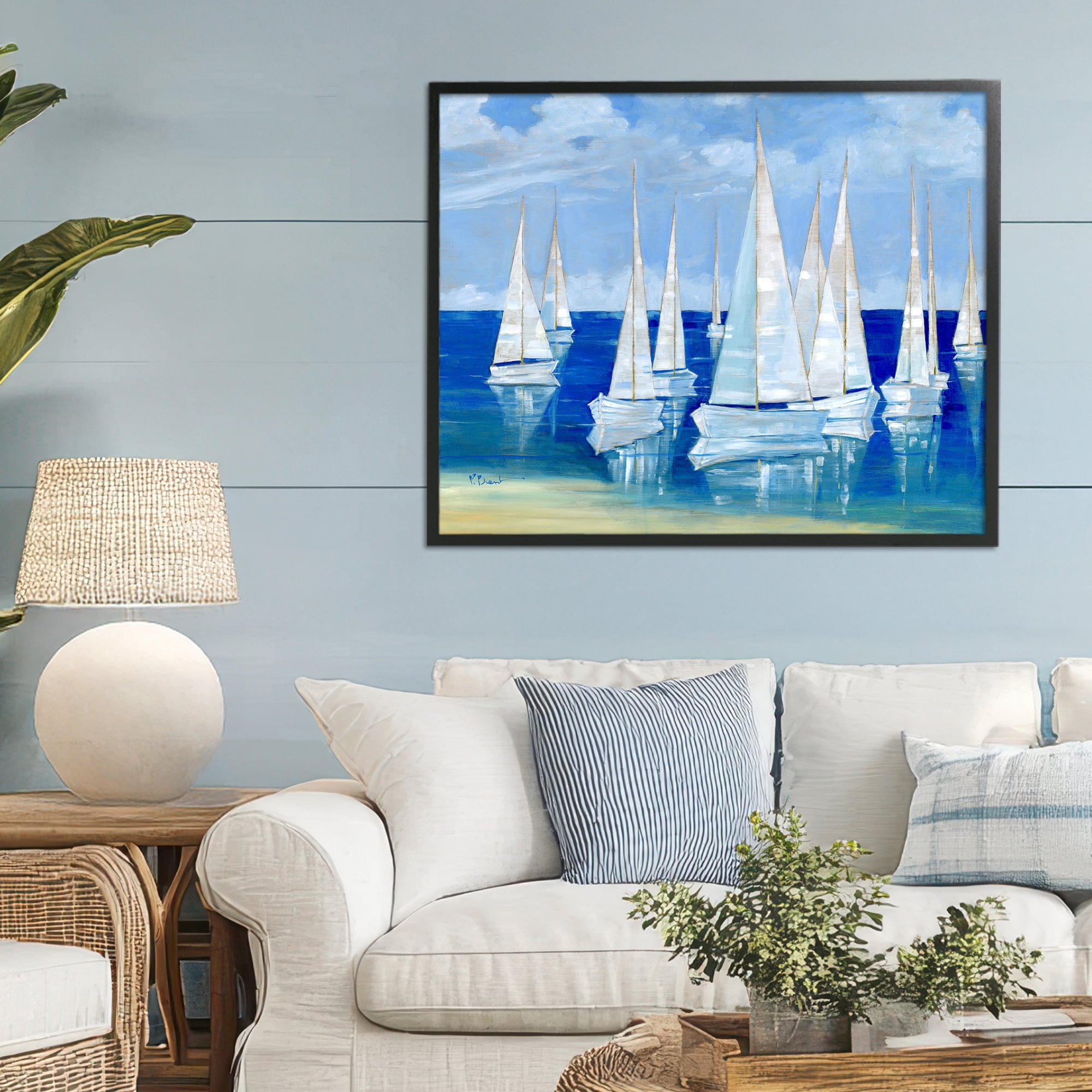 Stupell Industries Blanco Beach Sailboats Black Framed Giclee Art, design by Paul Brent
