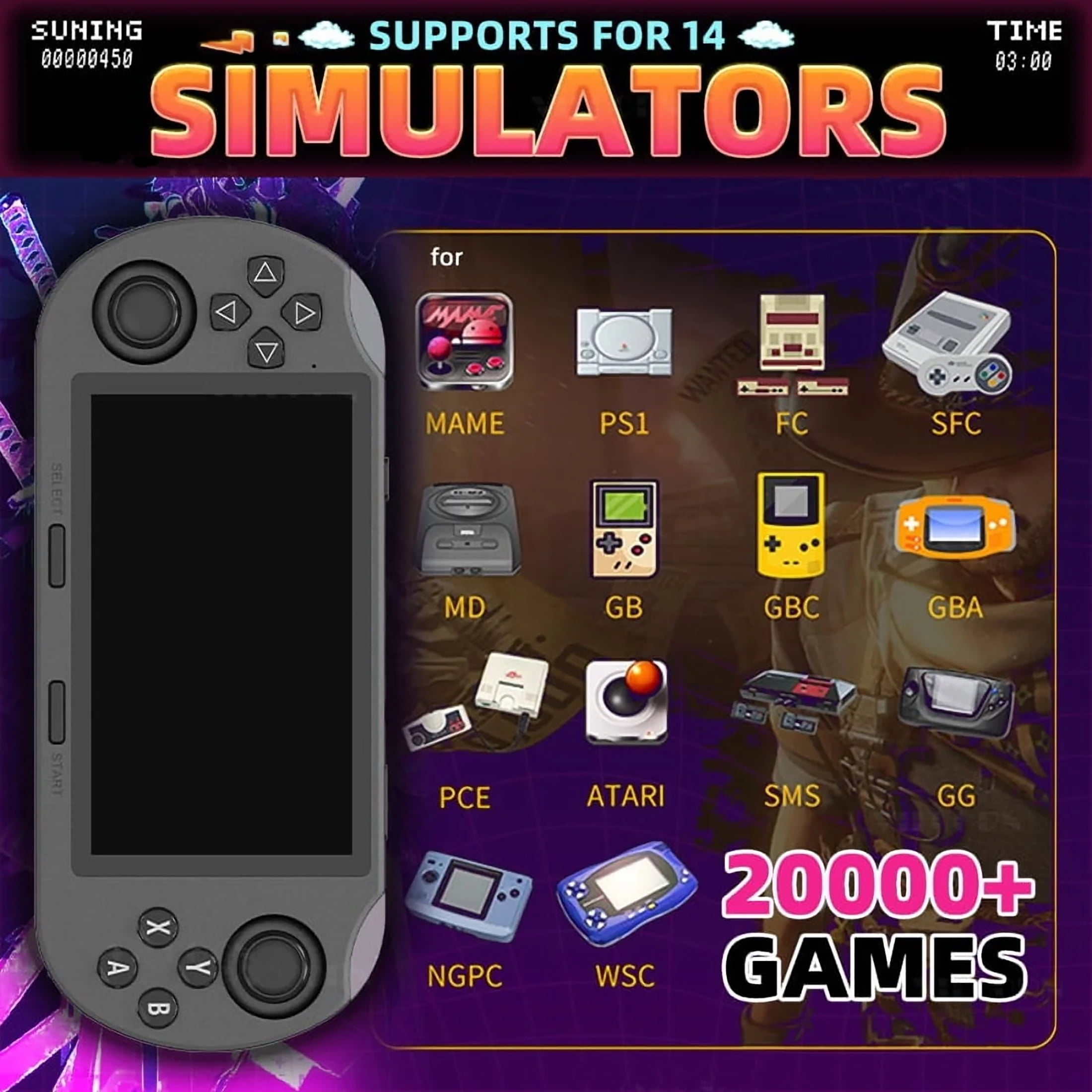 SF3000 Handheld Game Console, Portable, for PS1 GBA SNES Emulator, 4.5inch IPS Screen, 64G