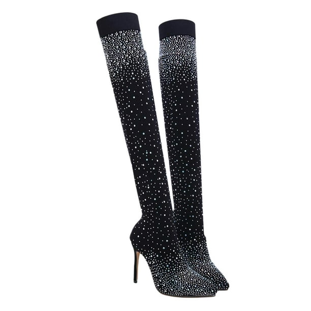 EeaseMX Botas de tacón alto por encima de la rodilla con tacón de aguja y brillantes diamantes de imitación para mujer (Negro, talla 41, EU40, US12, UK6)