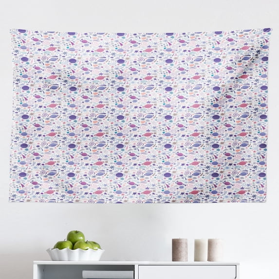 Halloween Tapestry, Cat and Owl on Tree Branches with Full Moon, Fabric Wall Hanging Decor for Bedroom Living Room Dorm, 2 Sizes, Petrol Blue Yellow, by Ambesonne