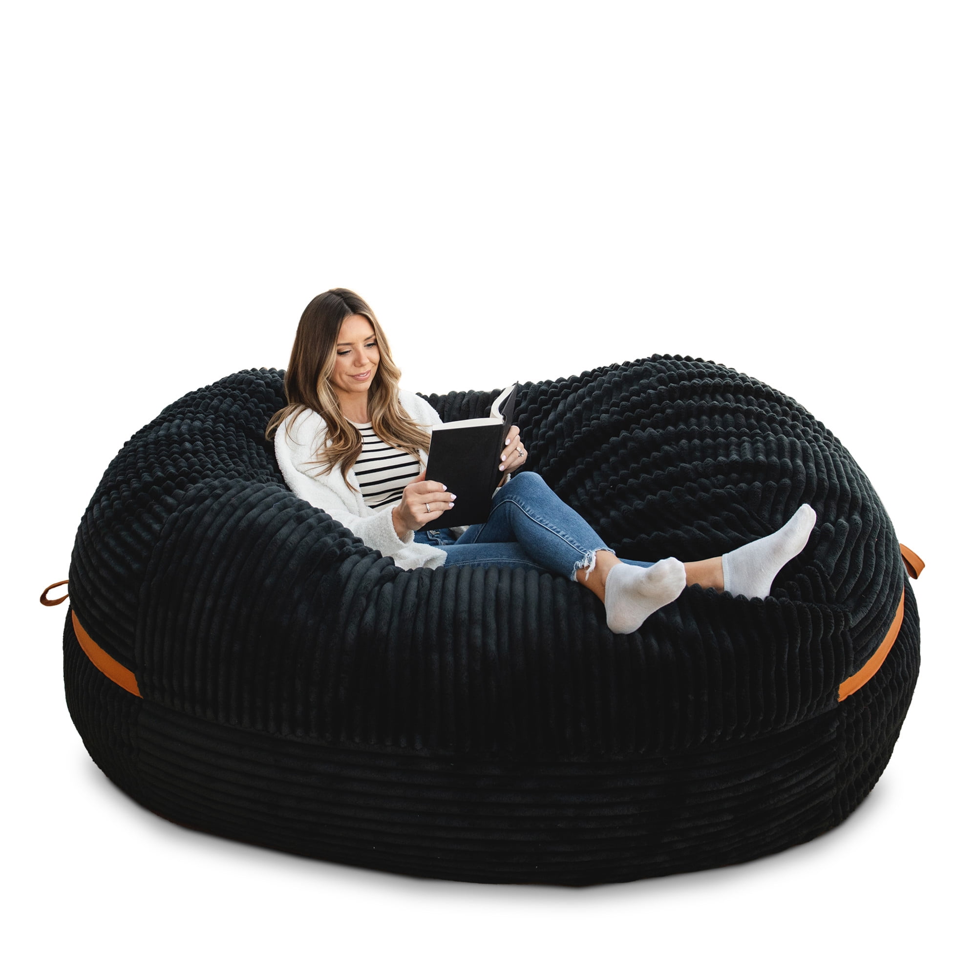 Big Joe Fuf 8Ft Giant Foam Bean Bag Chair, Oversized Couch with Removable Cover for Kids, Teens, Adults, Black Licorice Corded Plush, 8 Foot