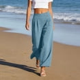 thumbnail image 2 of ctdiral Womens High Waist Button Pleated Pants Elastic Waist Wide Leg Pants Solid Color Straight Trousers with Pockets Summer Lounge Going Out Pants Light Blue M, 2 of 8