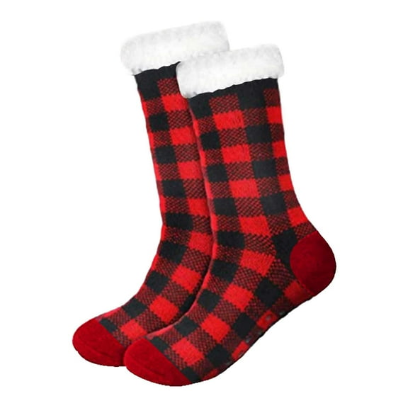 Arlun 1 Pair Christmas Plaid Print Slipper Socks for Women Grippers Thick Knit Mid-Calf Slipper Socks with Sole Non Skid Bottom Warm Cozy Indoor House Snow Slipper Sock Red One Size