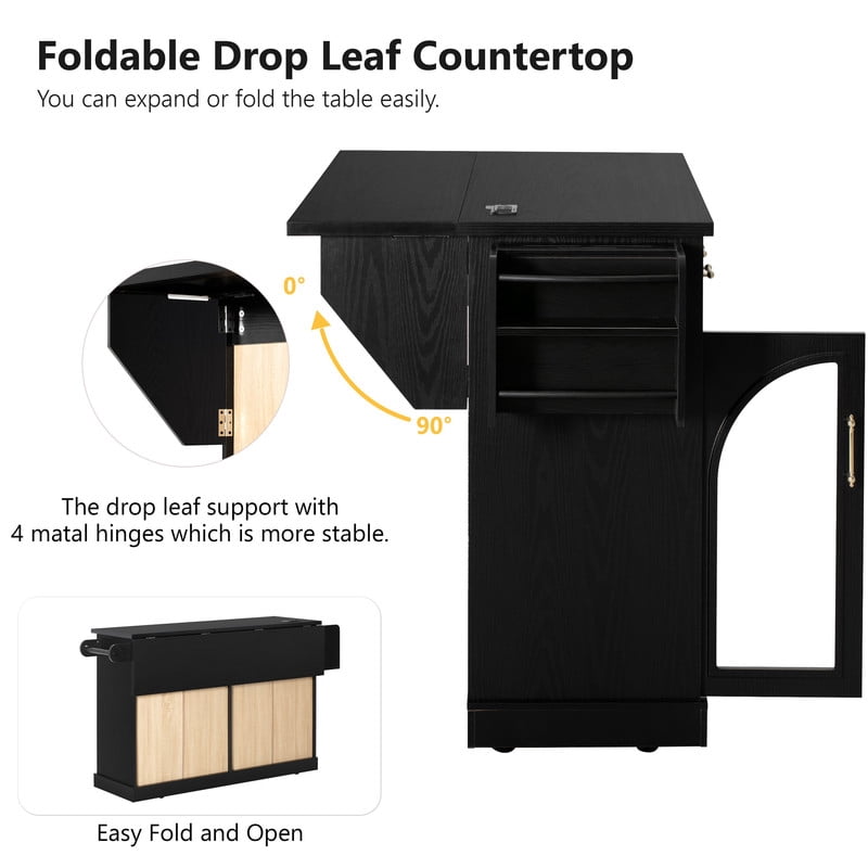 Rolling Kitchen Island Cabinet with Drawers & Drop Leaf, Storage Cart on Wheels with Arched Glass Doors, Power Outlet & Spice Rack