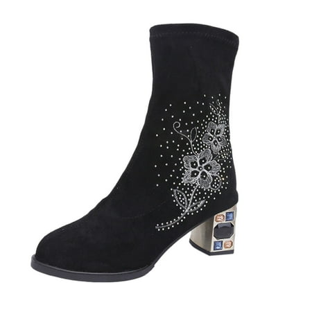 

Qufokar Snow Boots for Women Flat Boots for Women Ladies Fashion Elastic Suede Pointed Embroidery Rhinestone Thick High Heel Short Boots