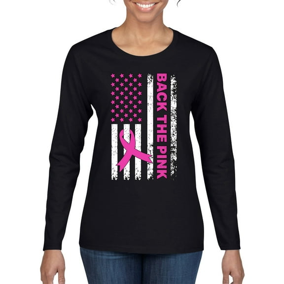Wild Bobby Back the Pink American Flag Breast Cancer Awareness Women Graphic Long Sleeve Tee, Black, Small