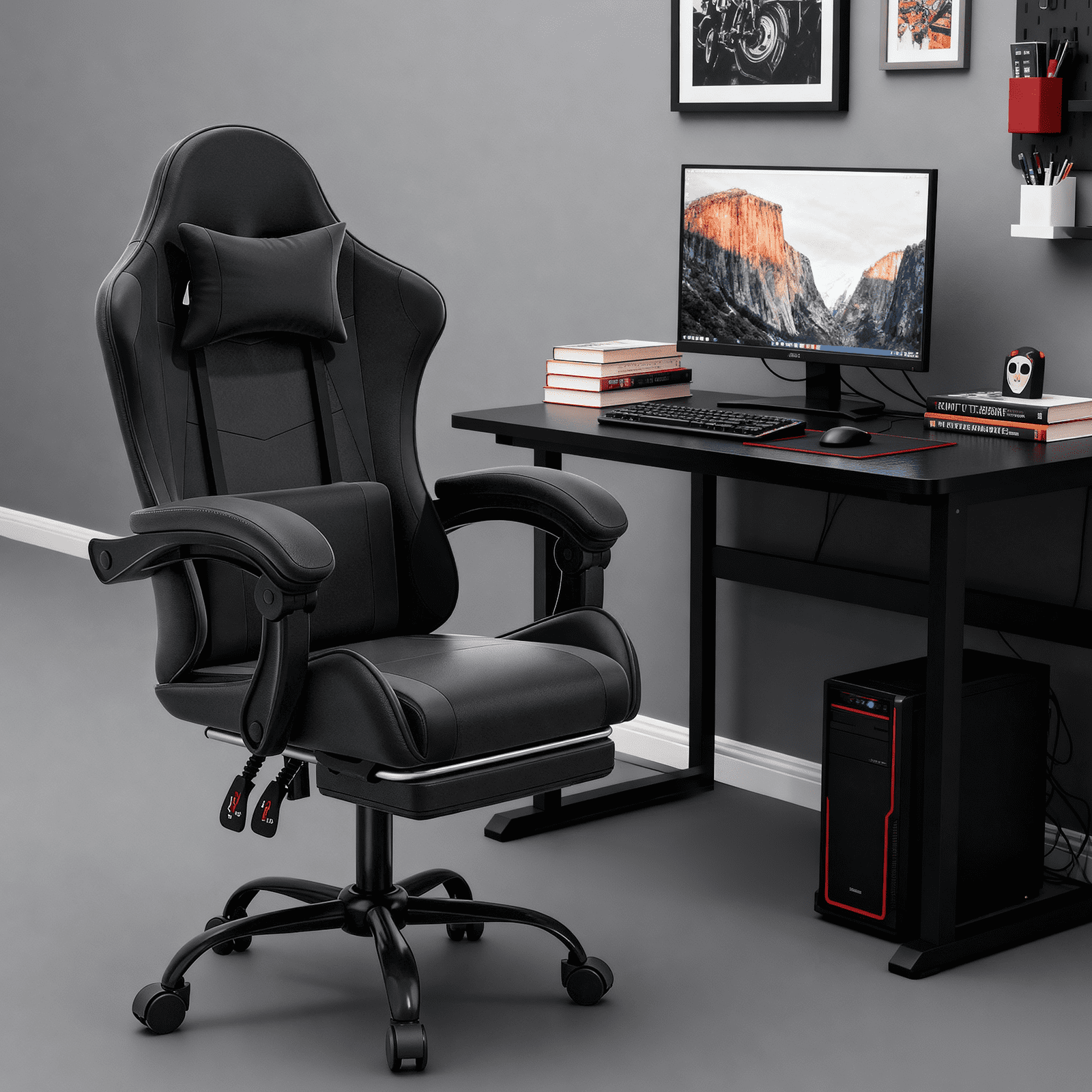 MoNiBloom Ergonomic Gaming Chair with Footrest, Adjustable Headrest and Lumbar Support for Office and Gaming, High-Back Racing Style Computer Desk Chair, Black (Wide Seat)