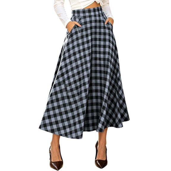 Achuyrbd Womens Plaid Skirt Midi Skirt High Waisted A Line Flowy Skirt with Pockets Fall Winter
