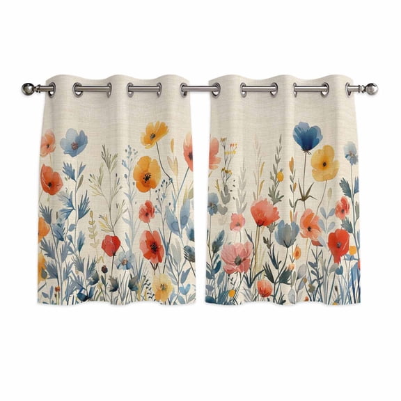 Spring Floral Kitchen Curtains Short 45 Inch Length, Watercolor Elegant Summer Botanical Rustic Grommet Top Bedroom Living Room Curtains, Light Filtering Cafe Curtain Drapes 2 Panels Set 84''x45''