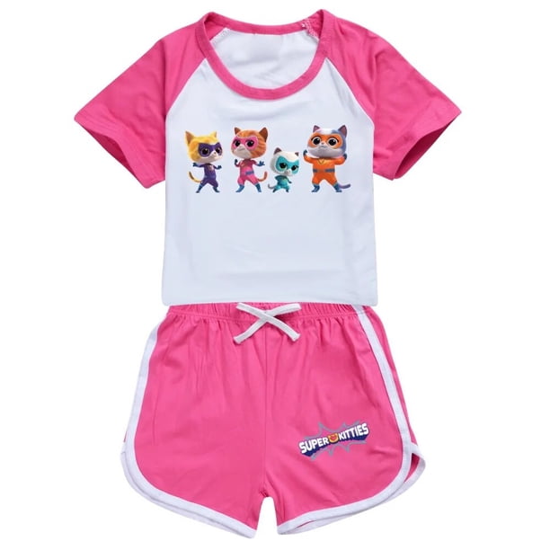 Ropa de superkitty para niñas y niños, conjunto de ropa de verano, traje deportivo de superkitty, camiseta + Pantalones, 2 piezas, pijamas para bebés