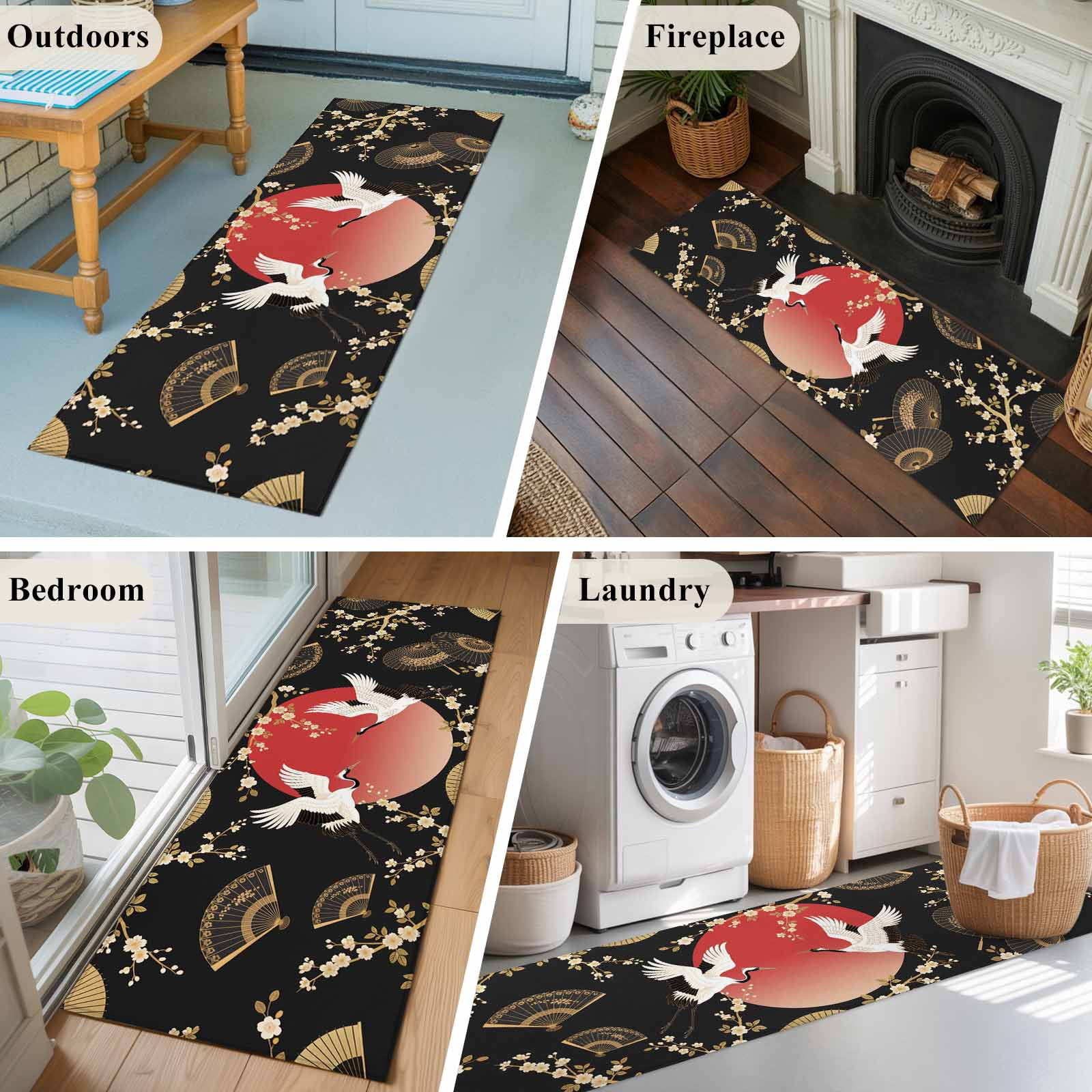 Area Rug 2x6ft Cherry Blossom Crane Carpets Indoor Floor Area Mat Washable Entrance Mat Rugs for Living Room Dining Room Kitchen Bedroom, Paper Fan Japanese Style Sofa Throw Carpet
