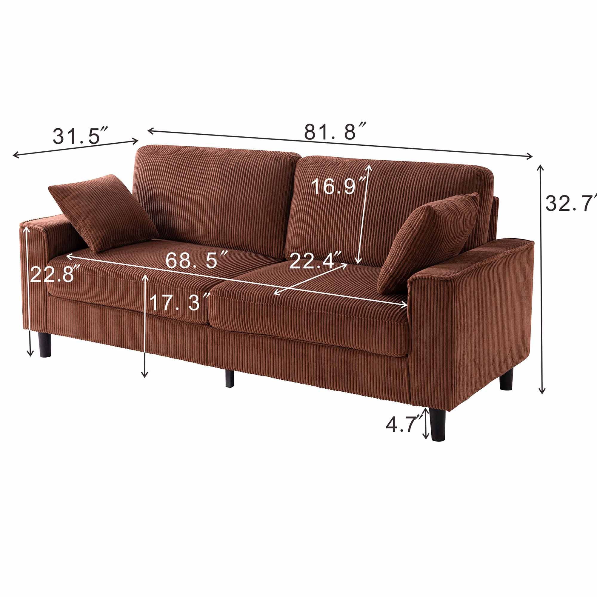 Lunale 82" Modern 3-Seater Sofa, Corduroy Upholstered Couch for Living Room, Orange