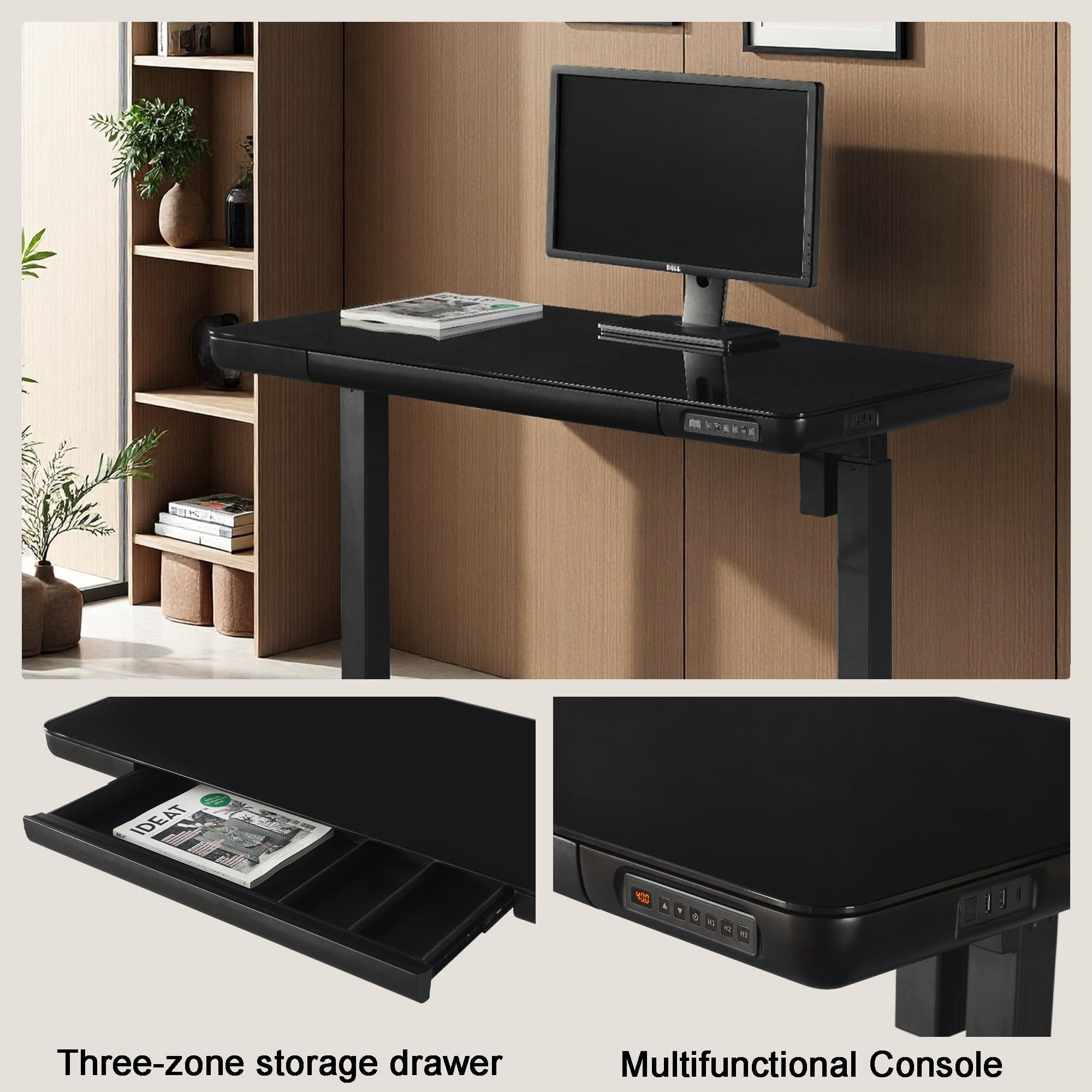 Pemberly Row 48" Tempered Glass Electric Wood Standing Desk with Drawer in White
