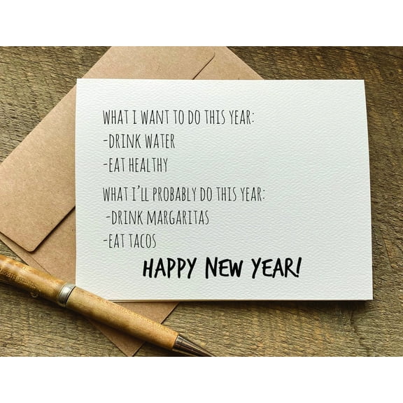 Happy New Year Card – Fun Resolutions Theme – Blank Inside with Envelope – Perfect for Friends and Family Celebrations