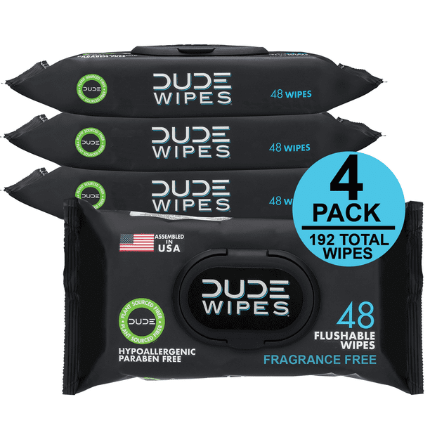 DUDE Products Flushable Wet Wipes, Unscented, 4 Packs Of 48 Wipes, 192