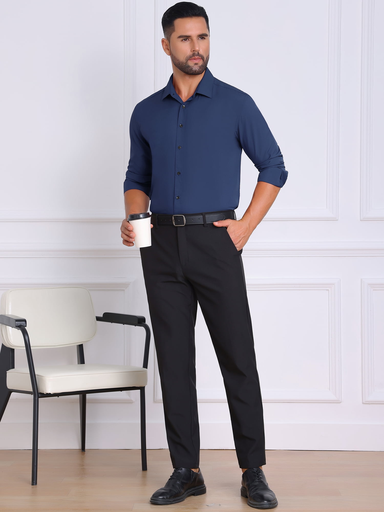 DARING DIVA Men's Solid Color Button Down Long Sleeves Stretch Shirts L Navy Blue