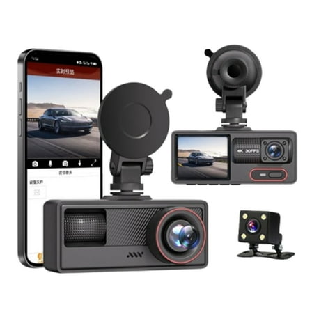 4K 3 Channel Dash Cam, Front, Rear & Inside Car Camera, 64GB Memory, Night Vision, G-Sensor, WiFi, App Control