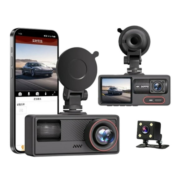 4K 3 Channel Dash Cam, Front, Rear & Inside Car Camera, 64GB Memory, Night Vision, G-Sensor, WiFi, App Control