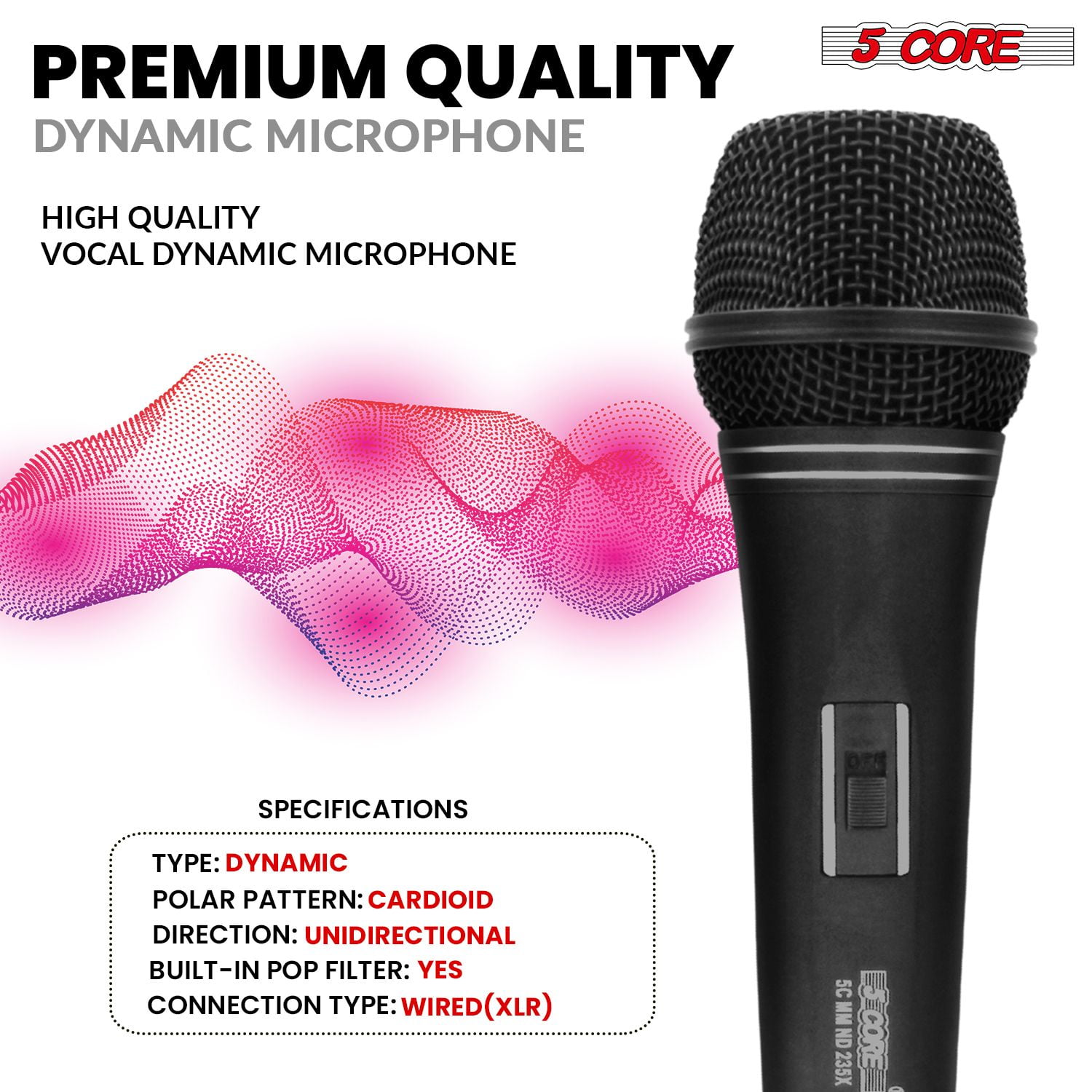 Professional Dynamic Vocal Microphone Neodymium Cardioid Unidirectional Handheld Mic for Singing Karaoke Steel Mesh Grille Metal Body With ON Off Switch + 16ft Detachable Cable + Clip + Bag