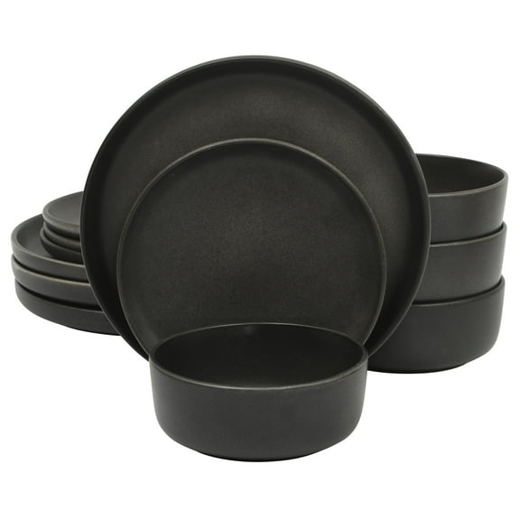 Gibson Elite Pasco 12 Piece (Service for 4) Plates and Bowls Reactive Glaze Dishes Stoneware Ceramic Dinnerware Set - Black