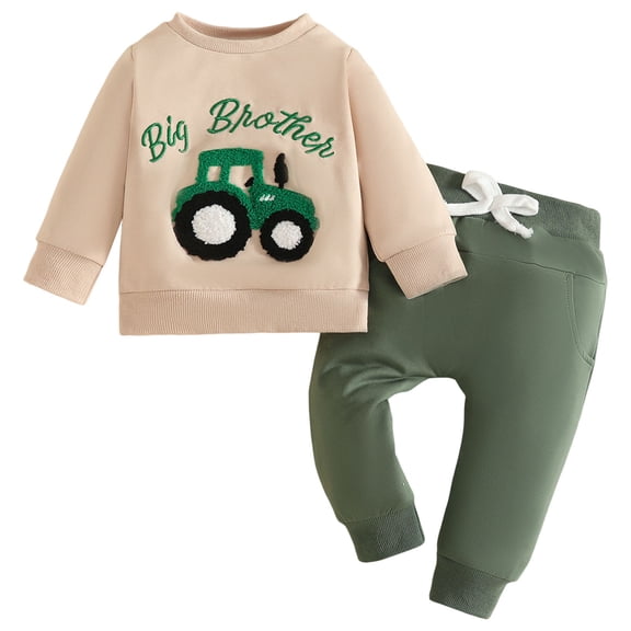 Toddler Boy Clothes Big Brother Tractor Patch Sweatshirt and Pants Set 2 Piece Soft Fleece Outfit for Boys 3 Months-3 Years