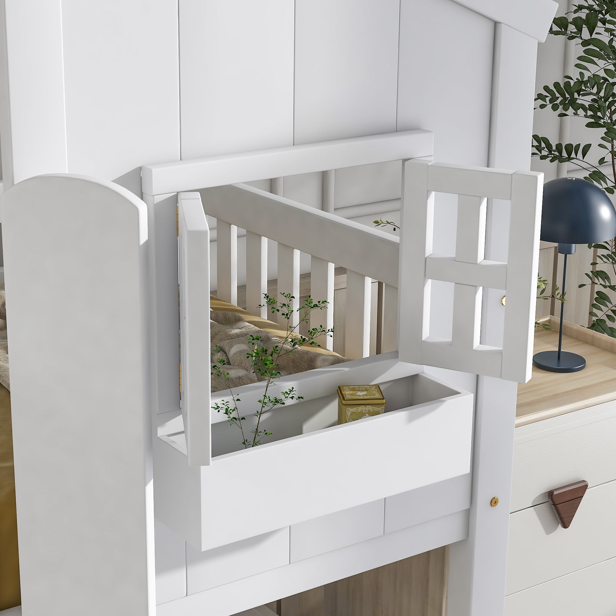 Leumius Twin over Twin Floor Bunk Bed with Ladder and Guardrails, House-Shaped-Bunk Bed with Window and Door for Boys Girls White