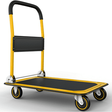 Upgraded Foldable Push Cart Dolly | 660 lbs. Capacity Moving Platform Hand Truck | Heavy Duty Space Saving Collapsible | Swivel Push Handle Flat Bed Wagon - Yellow