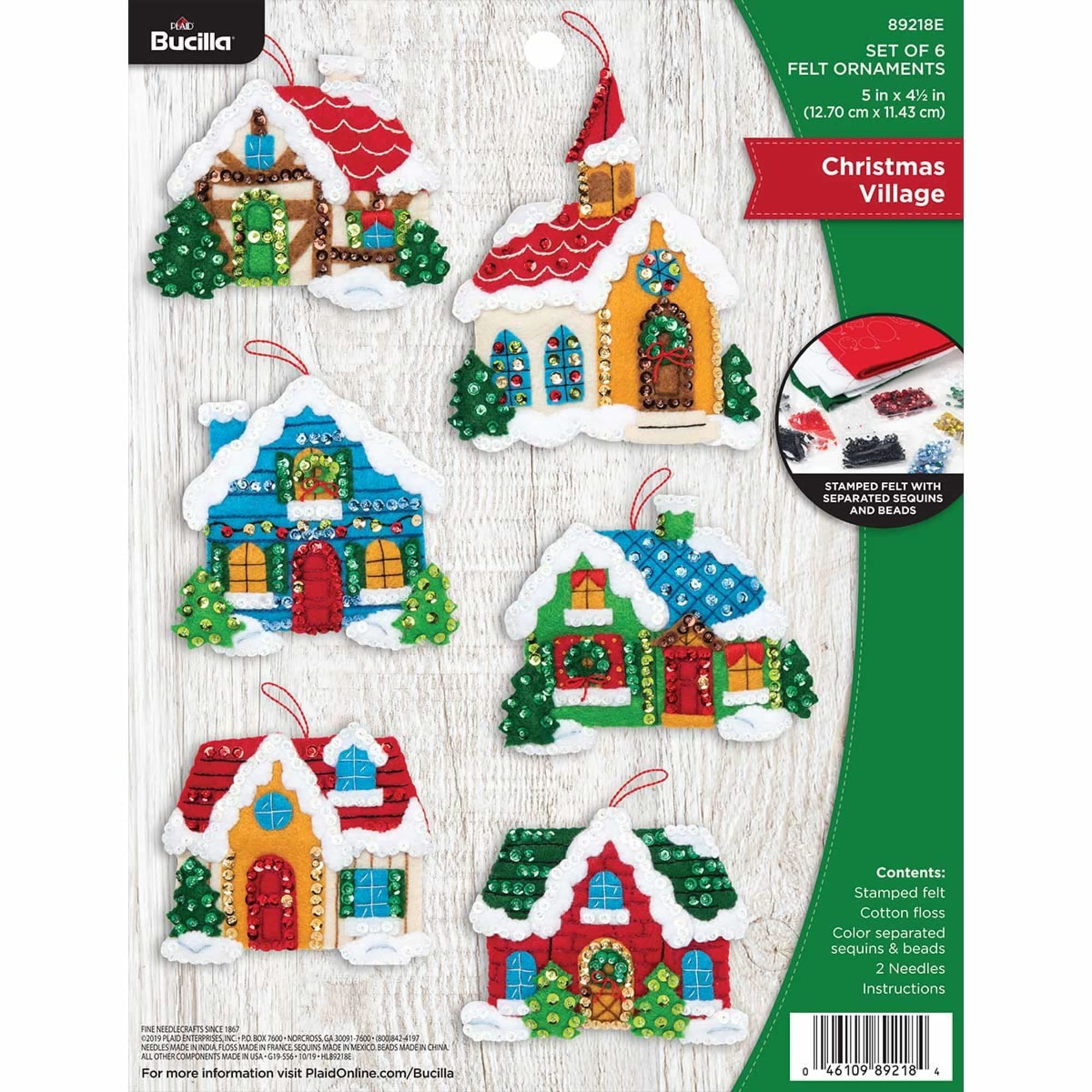 Bucilla Christmas Village 6 Count Felt Applique Ornament Kit, 5 x 4.5 in
