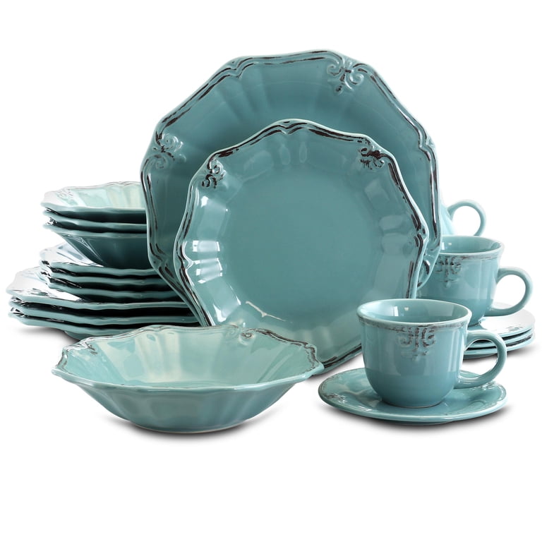 Elama Fleur De Lys 20-Piece Dinnerware Set, Turquoise photo 1